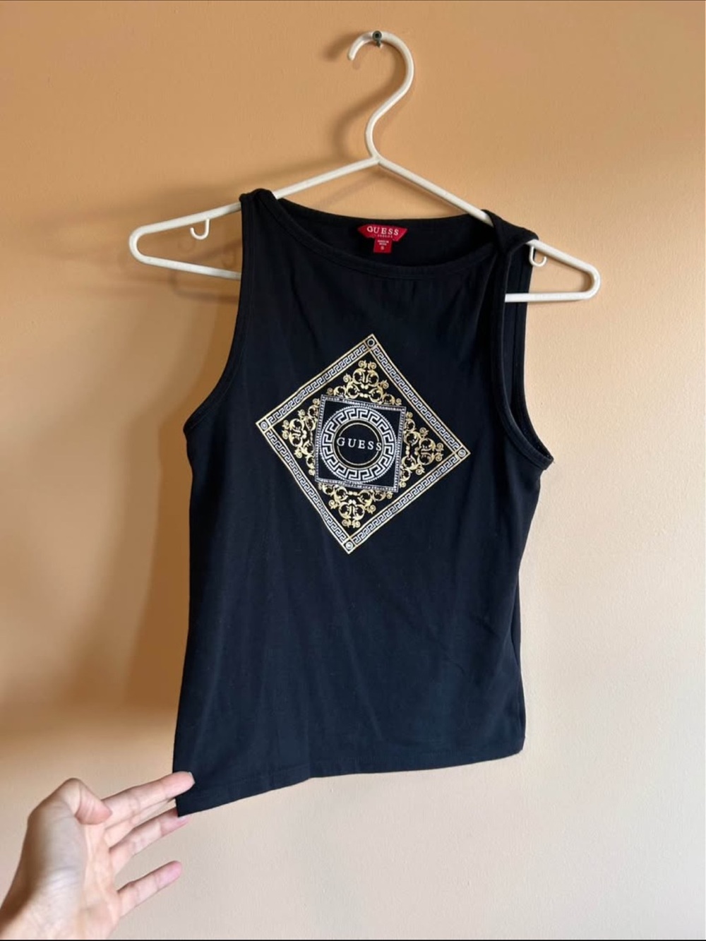 GUESS Black Sleeveless Logo Tank with Gold Accent - S